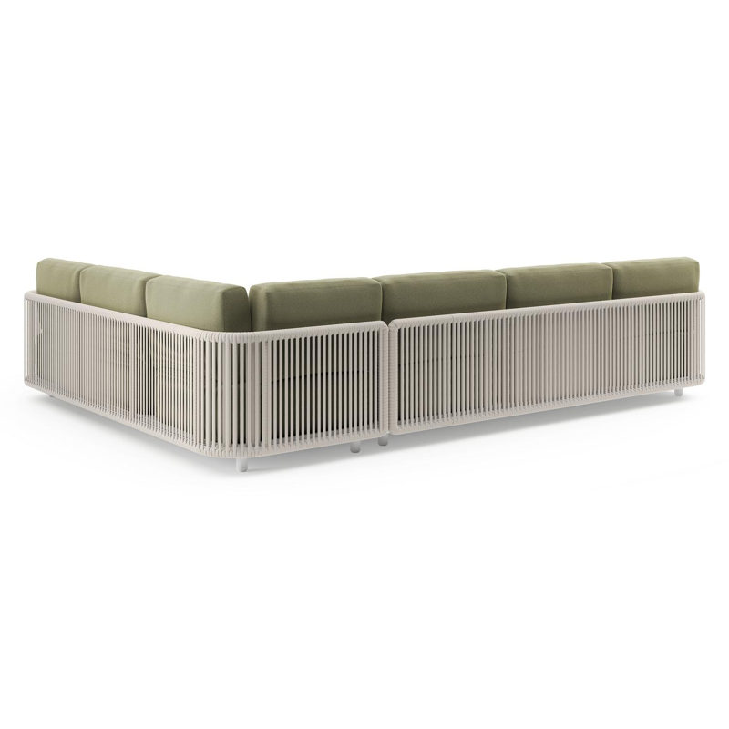 Organo loungehoek in wit aluminium en beige verticaal geweven luxe vlakke rope met heritage leaf all weather Sunbrella® luxe kussen