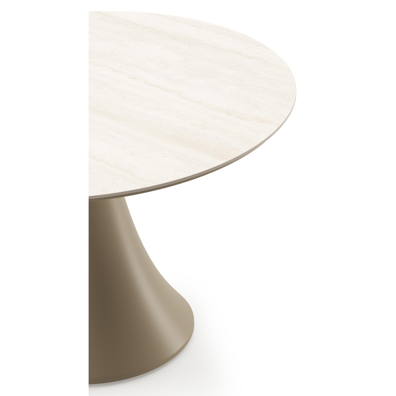 Table de basse low dining Fano ronde en aluminium beige et céramique pleine Travertino Bianco - Diam. 85 x Haut. 55 cm