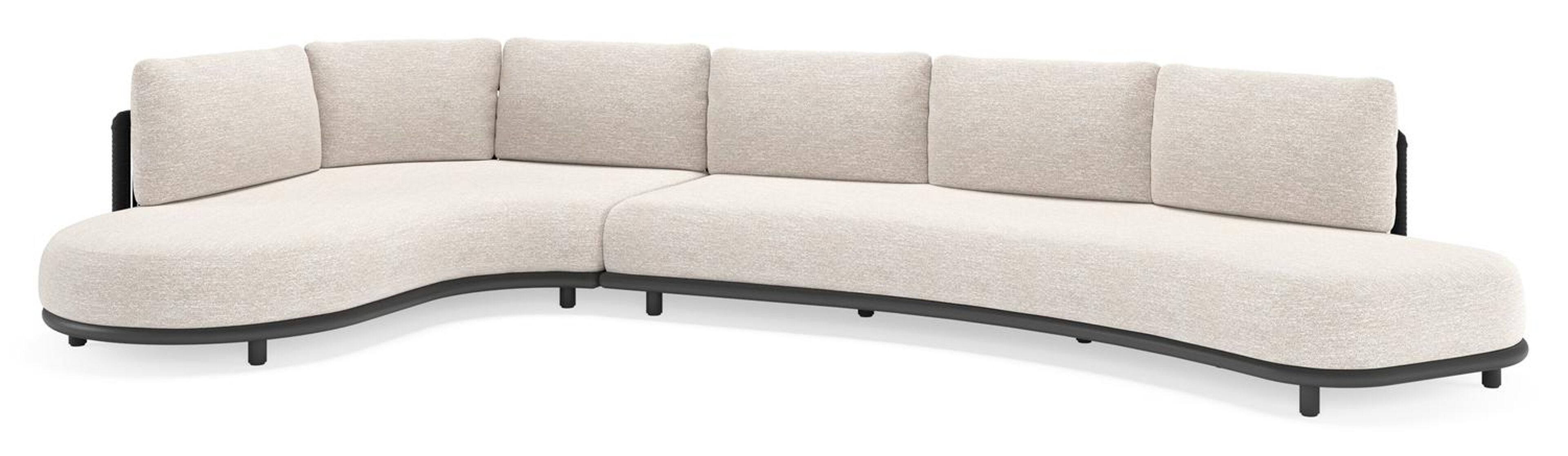 Lomano loungehoek in zwart aluminium en zwart verticaal geweven luxe vlakke rope met tundra sand all weather sunbrella® luxe kussen