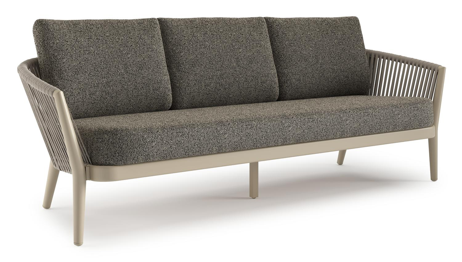 Canapé de jardin Orso en aluminium beige en corde ronde tissée verticalement beige et coussins en all weather cosytica Marbella Tunder