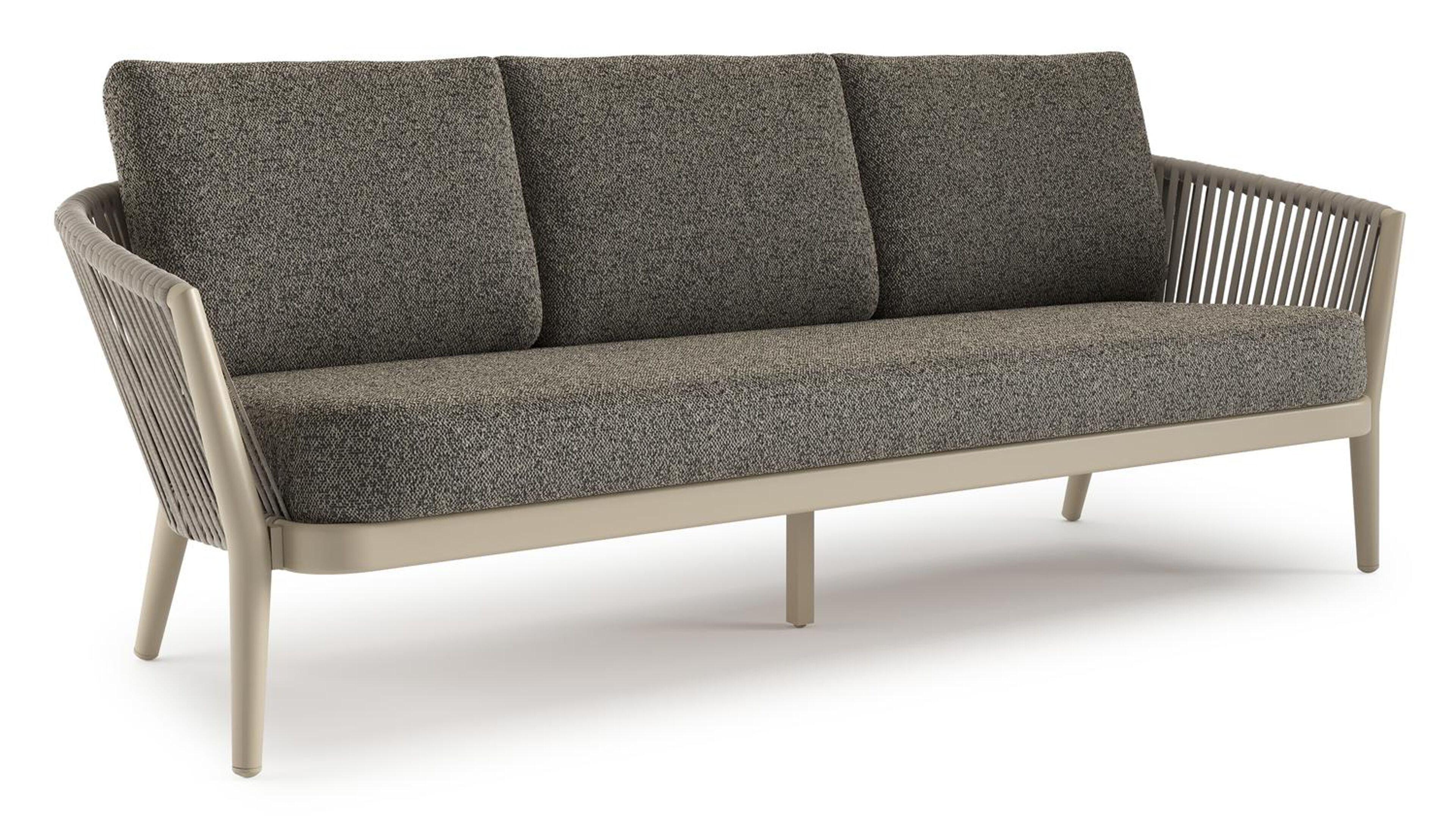 Canapé de jardin Orso en aluminium beige en corde luxe plate tissée verticalement beige et coussins en all weather cosytica Marbella Tunder