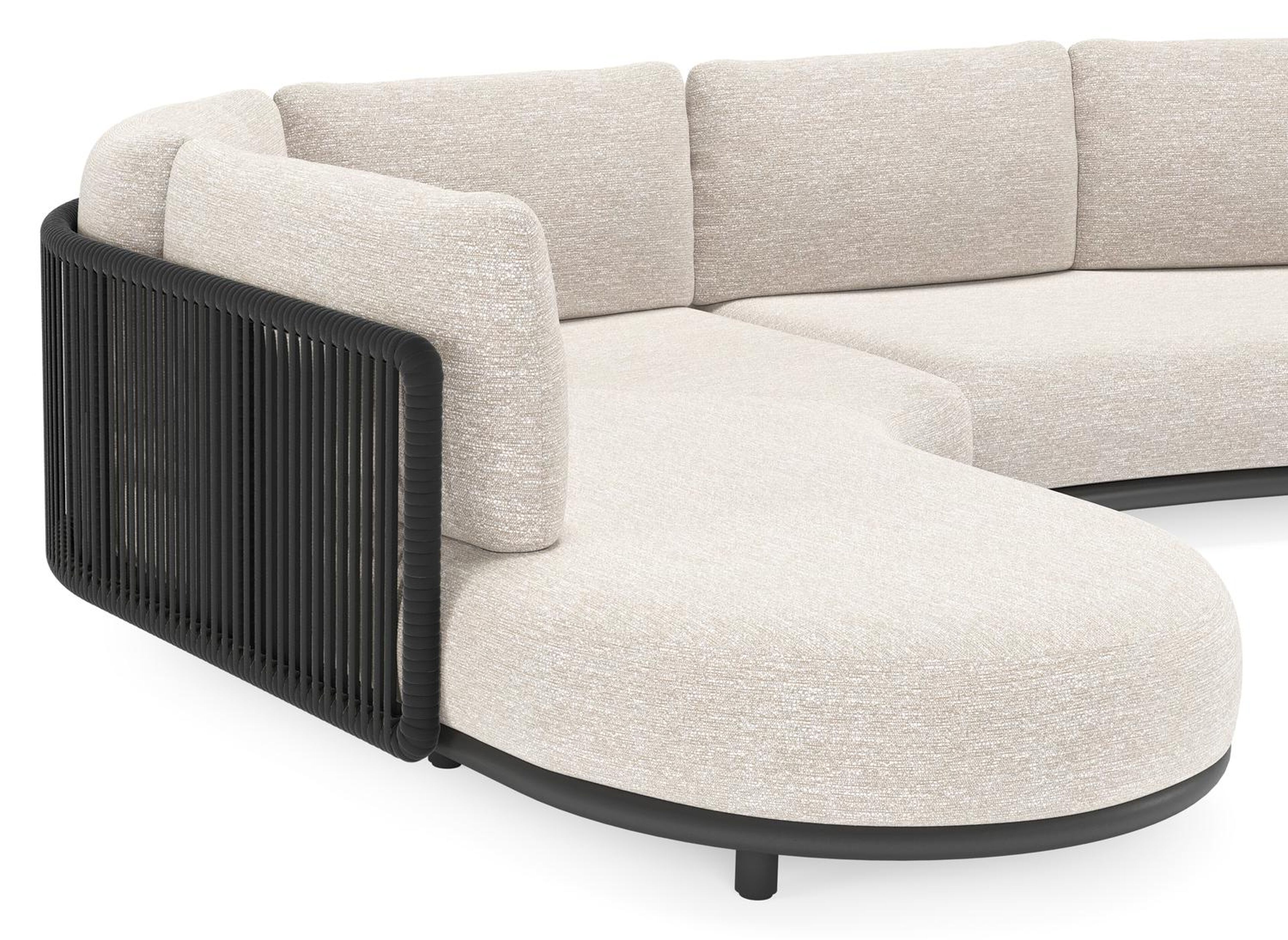 Lomano loungehoek in zwart aluminium en zwart verticaal geweven luxe vlakke rope met tundra sand all weather sunbrella® luxe kussen