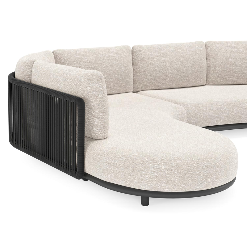 Lomano loungehoek in zwart aluminium en zwart verticaal geweven luxe vlakke rope met tundra sand all weather sunbrella® luxe kussen