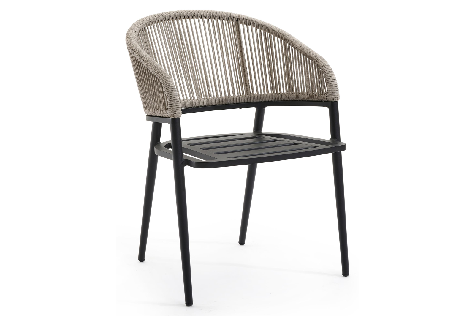 Lacrima tuinstoel in zwart aluminium en beige verticaal geweven ronde rope 