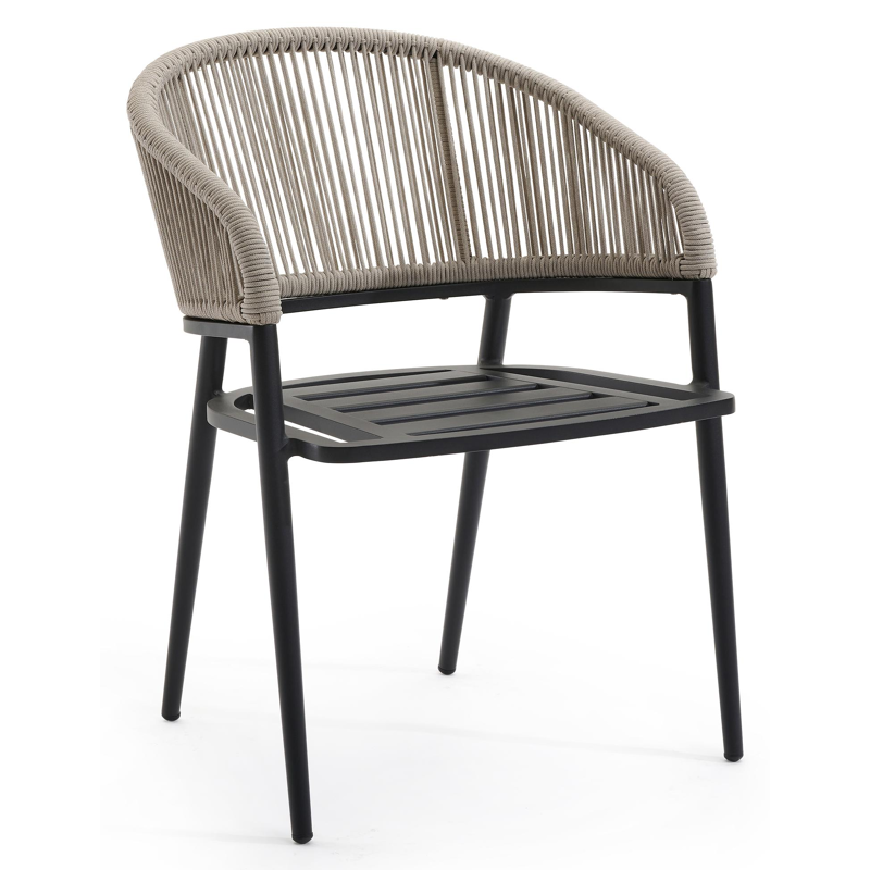 Lacrima tuinstoel in zwart aluminium en beige verticaal geweven ronde rope 