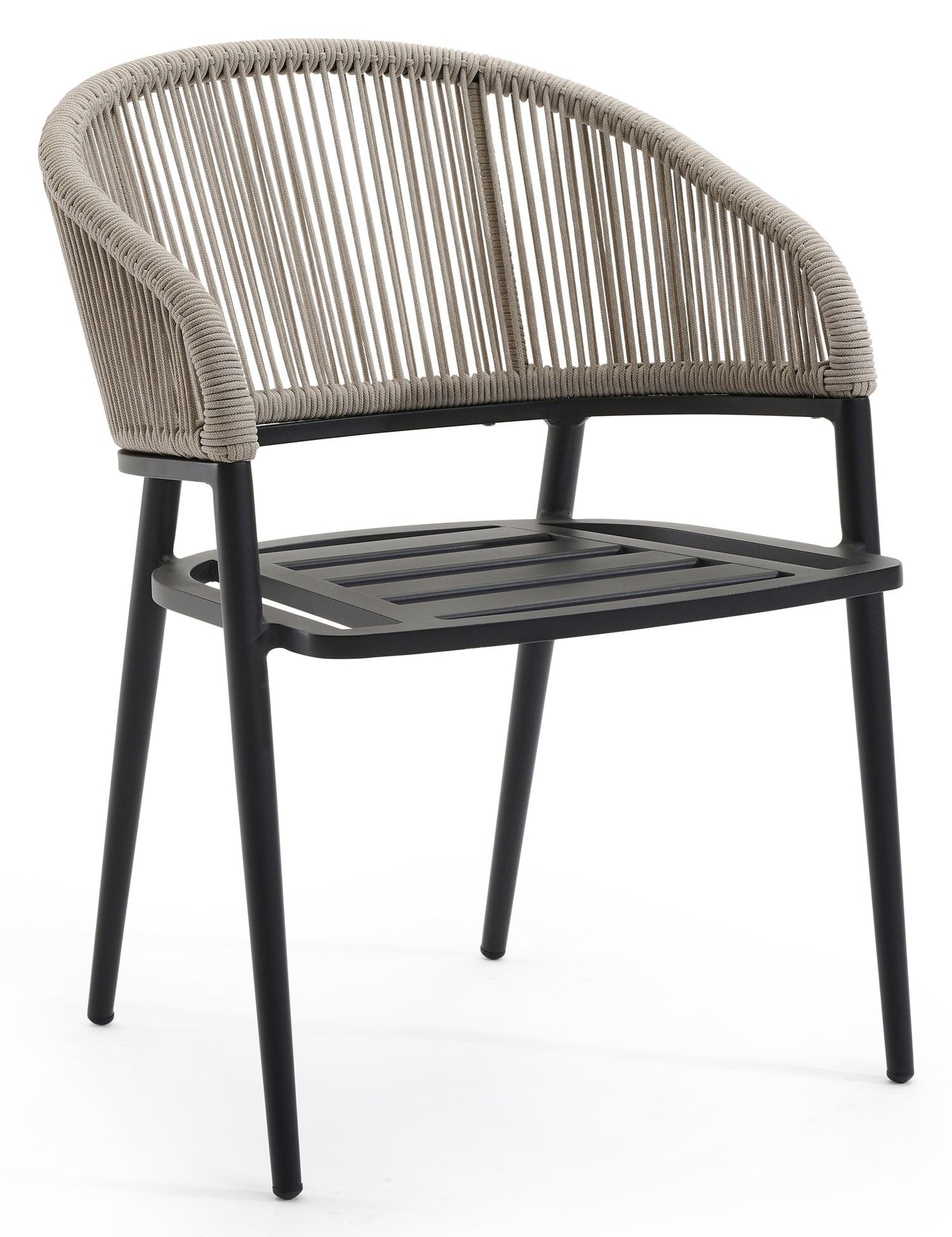 Lacrima tuinstoel in zwart aluminium en beige verticaal geweven ronde rope 