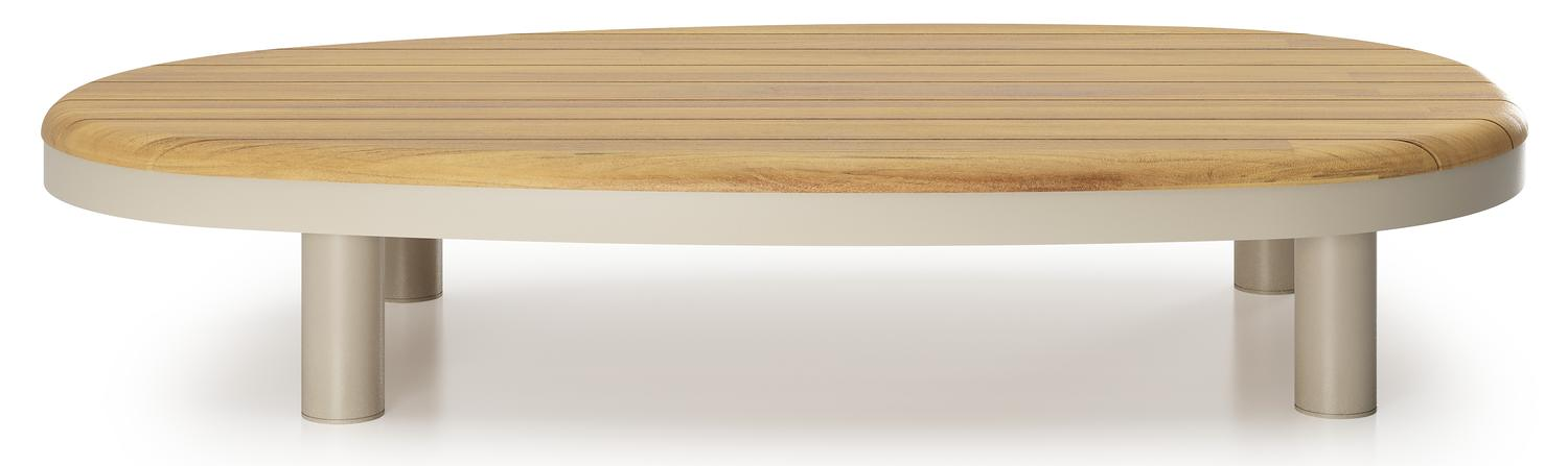 Table de basse Donato organique en aluminium beige et teck Naturel - Lg. 151 x Lrg. 90 x Haut. 24.5 cm