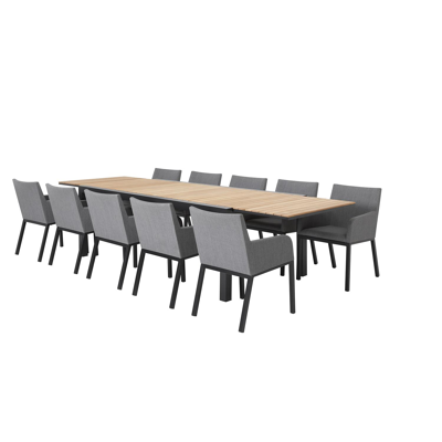 Calobra tuinset met verlengbare tafel in zwart aluminium en naturel teak tafelblad met 10 Rivo tuinstoelen