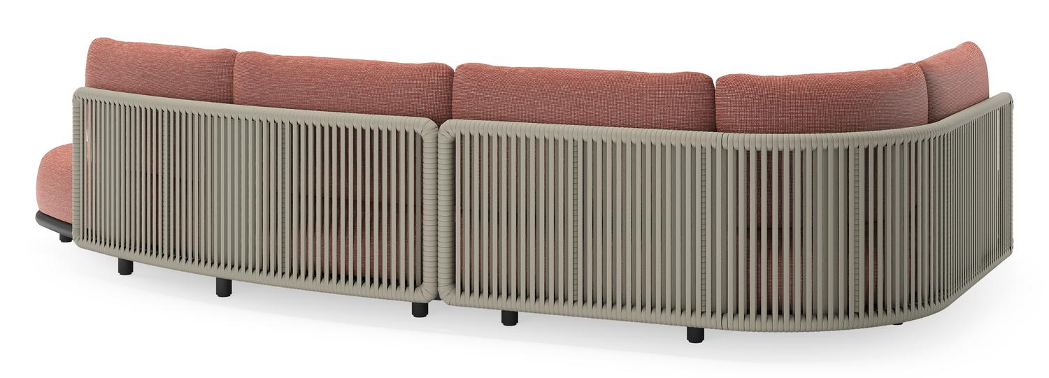 Salon de jardin d'angle Lomano en aluminium noir et corde luxe plate tissée verticalement beige et coussins en all weather sunbrella® luxe Slow Alezan