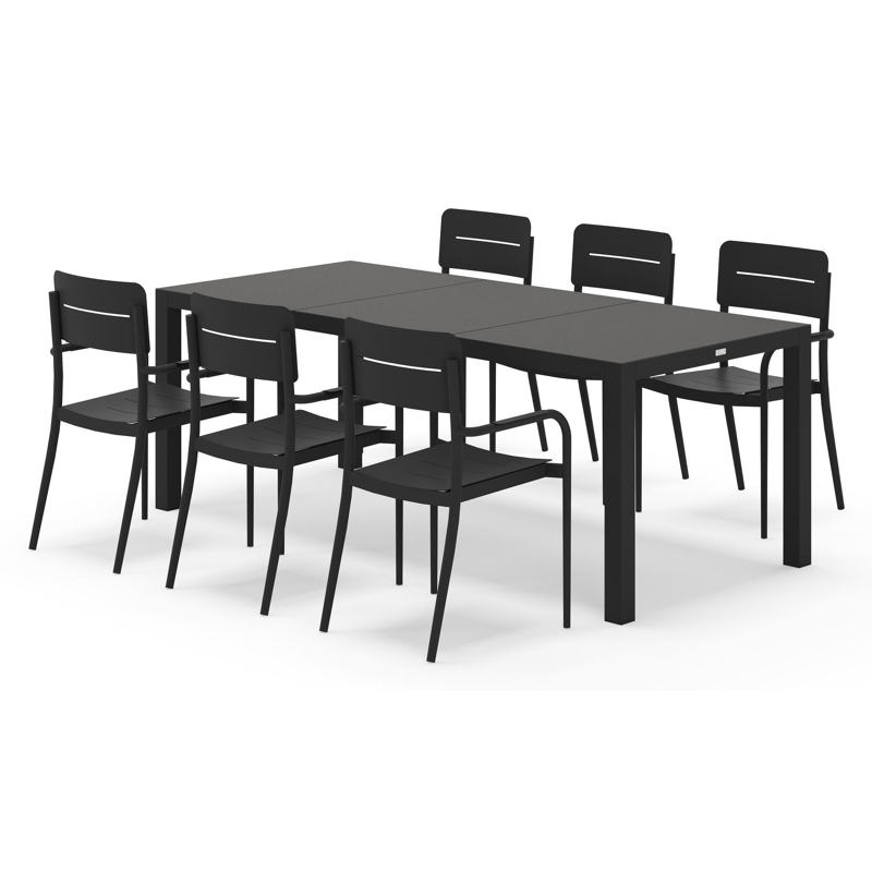 Toma tuinset rechthoekig in zwart aluminium en sintered stone zwart met 6 Salto tuinstoelen