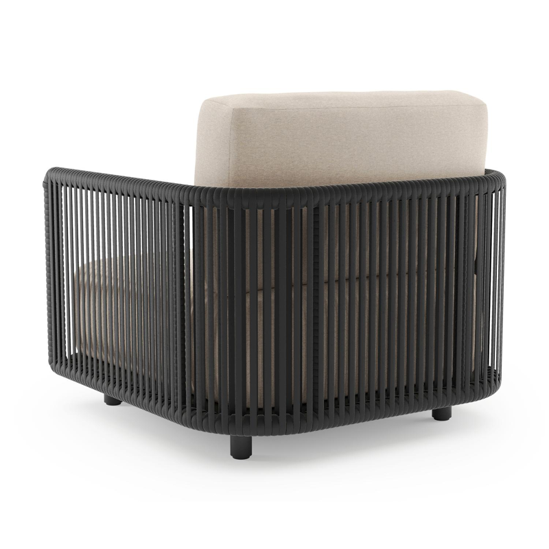 Organo loungestoel in zwart aluminium en zwart verticaal geweven luxe vlakke rope met heritage ash all weather Sunbrella® luxe kussen