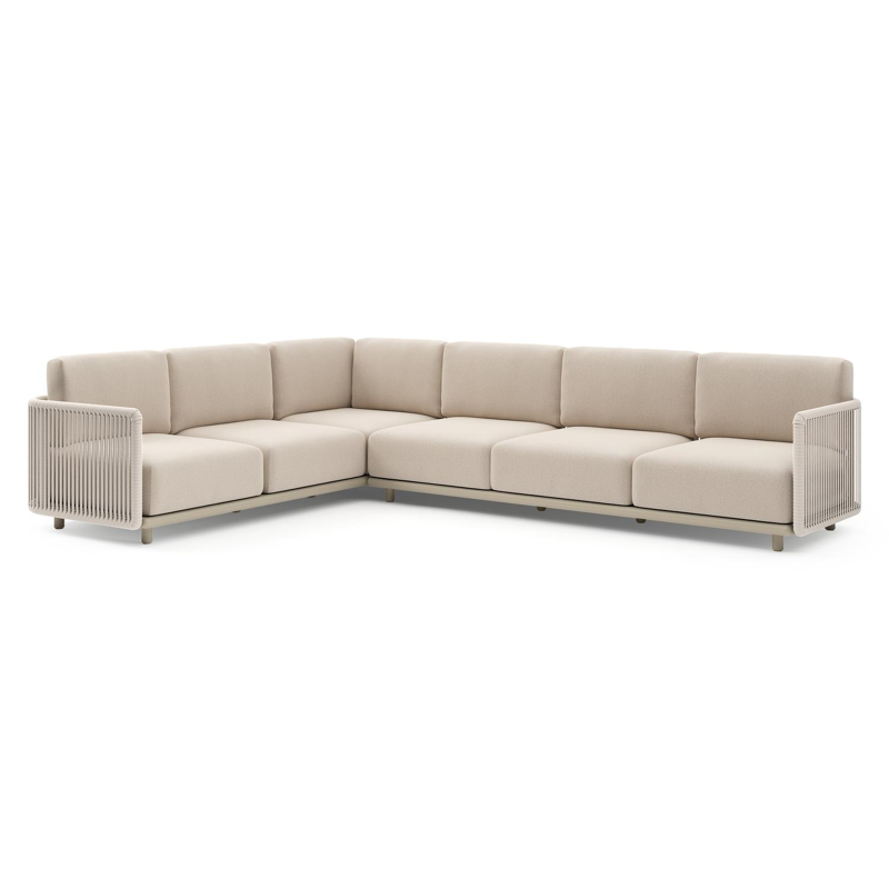 Organo loungehoek in beige aluminium en beige verticaal geweven luxe vlakke rope met heritage ash all weather Sunbrella® luxe kussen