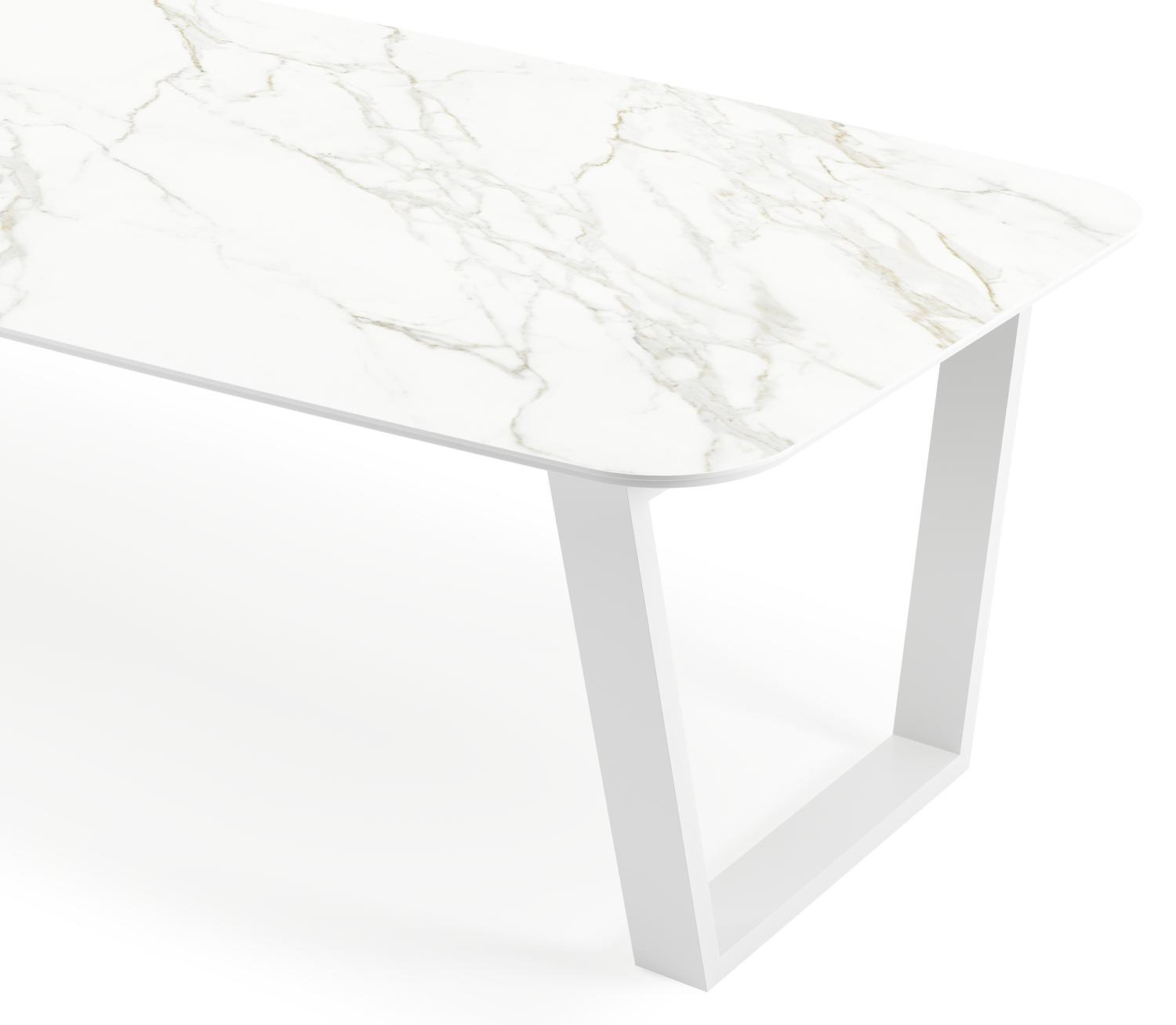 Table de jardin Pagino en aluminium blanc et céramique pleine calacatta - Lg 315 x Larg. 115 x H 74 cm