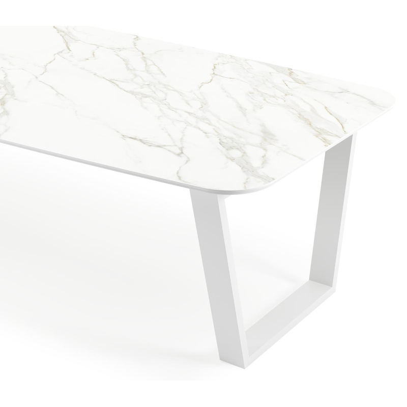 Table de jardin Pagino en aluminium blanc et céramique pleine calacatta - Lg 315 x Larg. 115 x H 74 cm