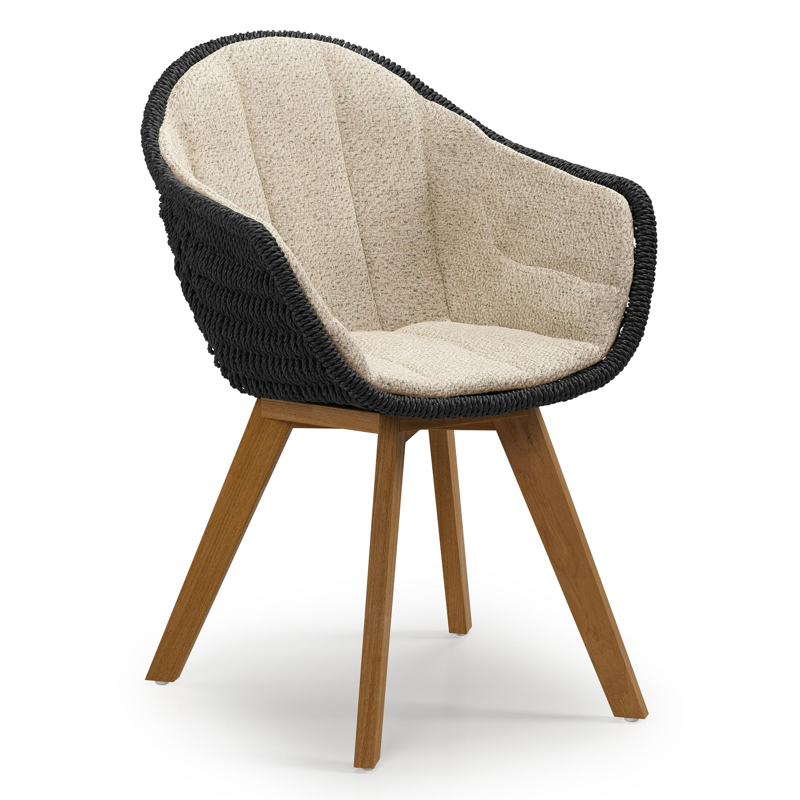 Pagino tuinstoel in teak en zwart ronde wicker met zitkussen in All Weather Cosytica Bora Forest