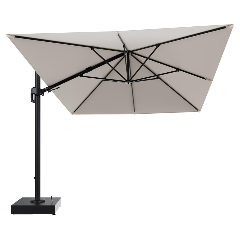 Rufina zweefparasol met tiltfunctie in zwart aluminium en Natte Linen Chalk All Weather Sunbrella® Luxe parasoldoek - L1 400 x L2 300 cm met parasolvoet Minore 150 kg met wielen