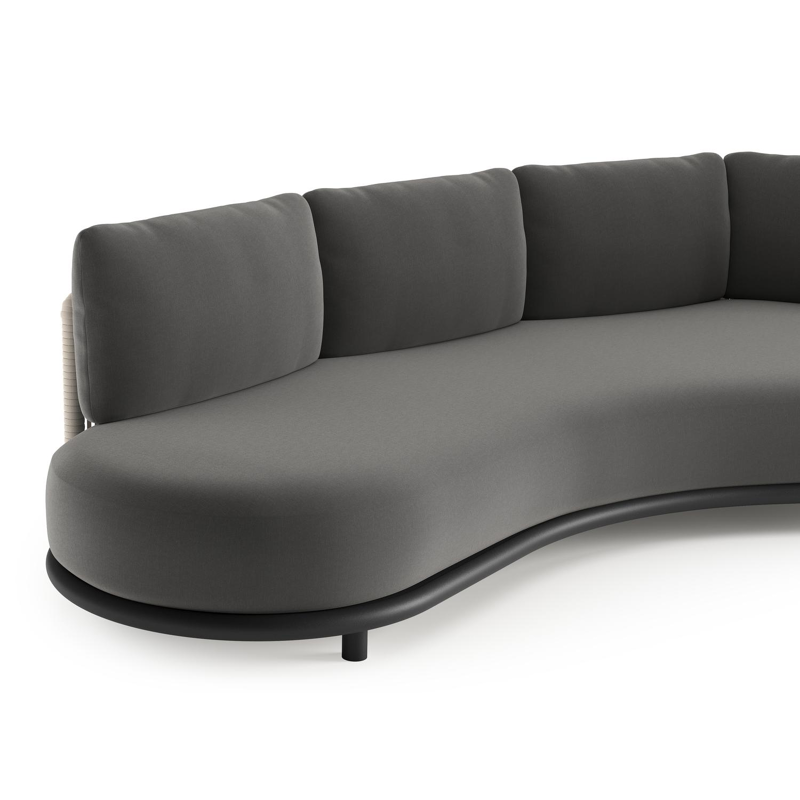 Lomano loungebank in zwart aluminium en beige verticaal geweven luxe vlakke rope met natte charcoal chine all weather sunbrella® luxe kussen