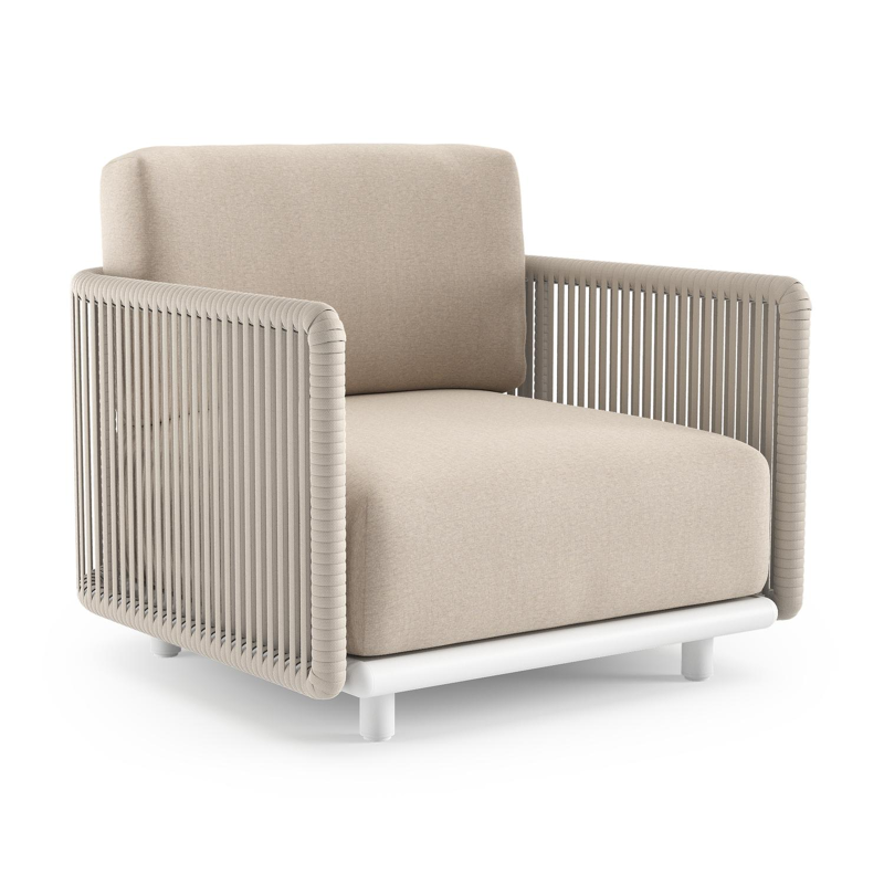 Organo loungestoel in wit aluminium en beige verticaal geweven luxe vlakke rope met heritage ash all weather Sunbrella® luxe kussen