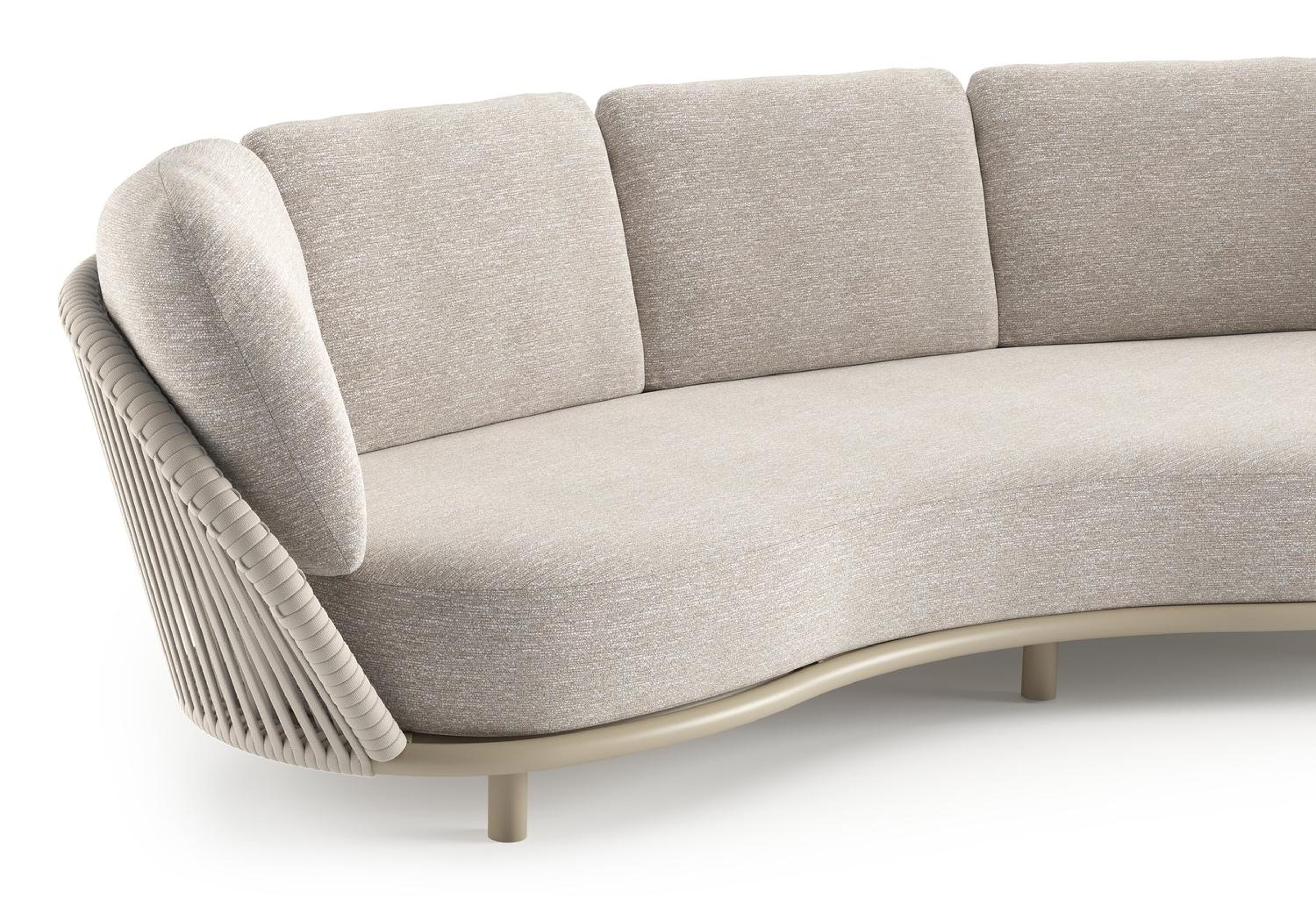 Salon de jardin Lupino en aluminium beige et corde large plate de luxe tissée verticalement beige et coussins en all weather sunbrella® luxe tundra sand