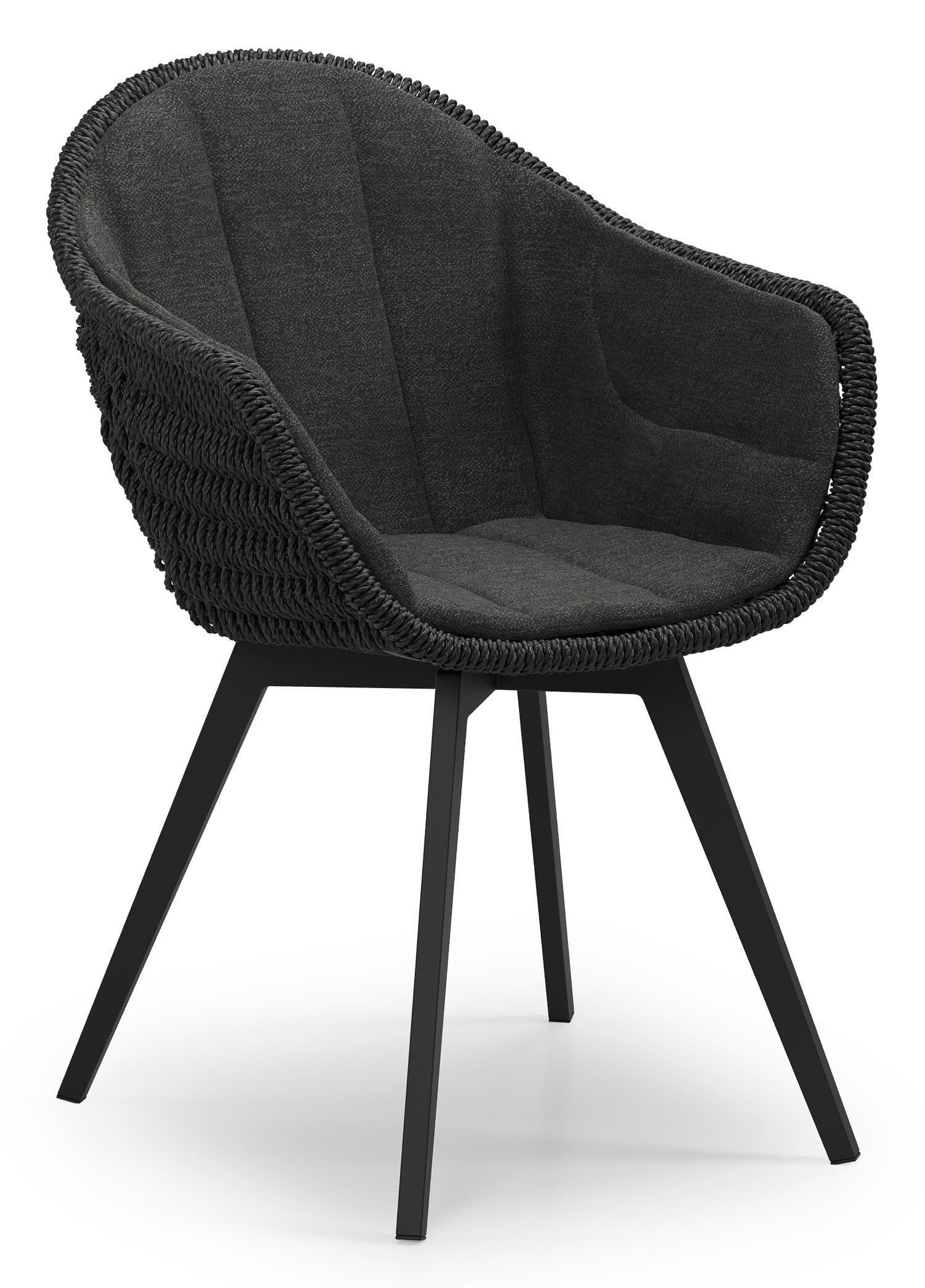 Chaise de jardin Pagino en aluminium noir et résine tressée ronde noir avec coussin en chartres sooty all weather sunbrella® luxe