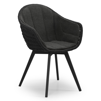 Pagino tuinstoel in zwart aluminium en zwart ronde wicker met kussen in chartres sooty all weather sunbrella® luxe