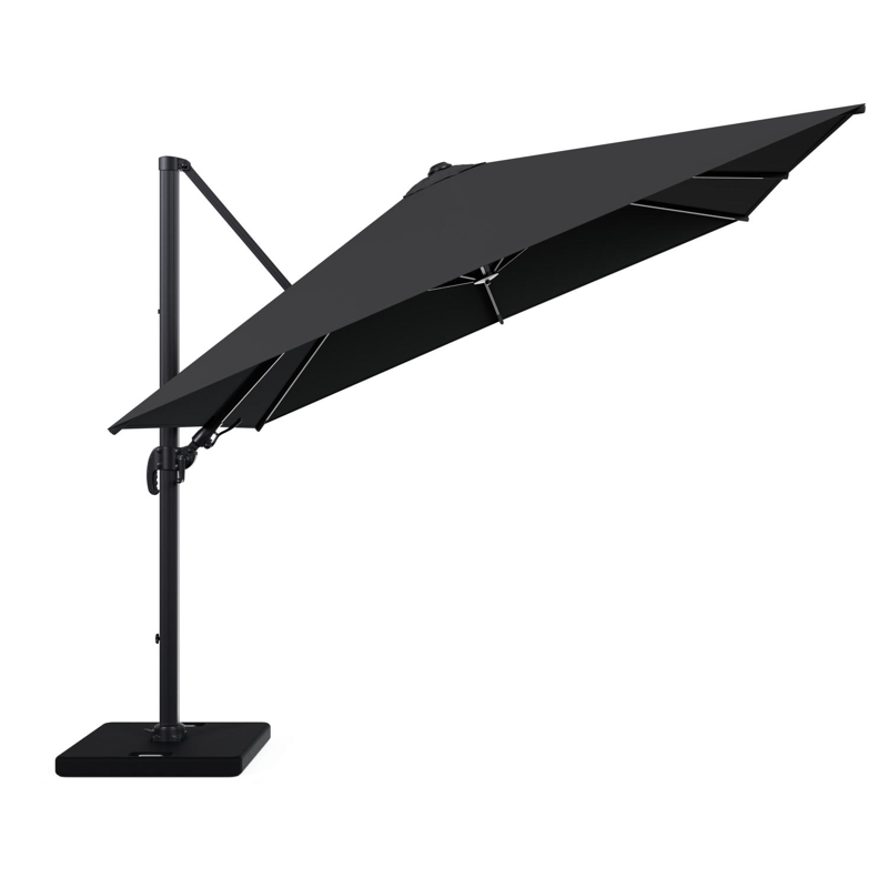 Parasol pendant Avola avec fonction tilt en aluminium noir avec toile de parasol en weather+ softtouch noir - Lg1: 300 x Lg2: 300 cm avec pied de parasol Pedito 120 kg