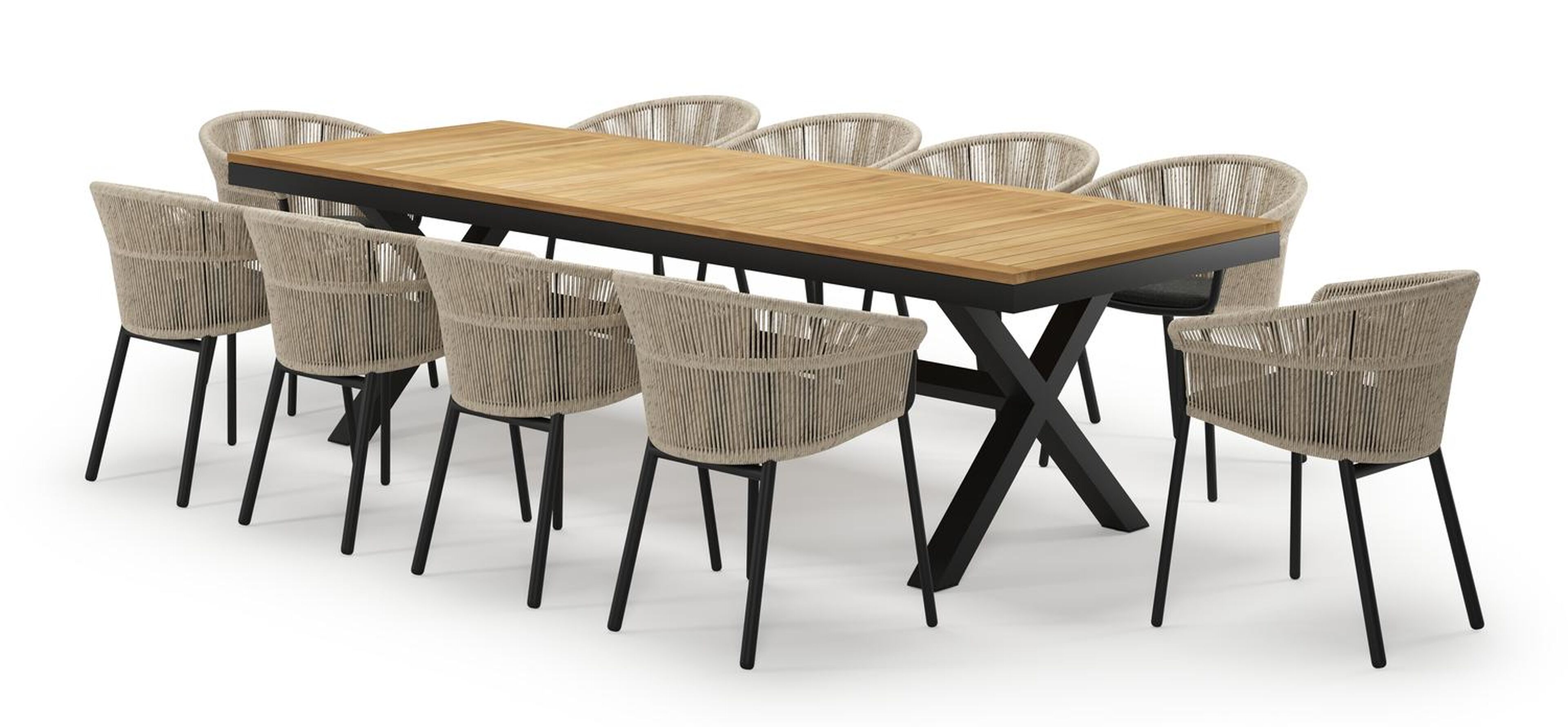 Reza rechthoekige tuinset in zwart aluminium en teak natural finish met 10 Matera tuinstoelen