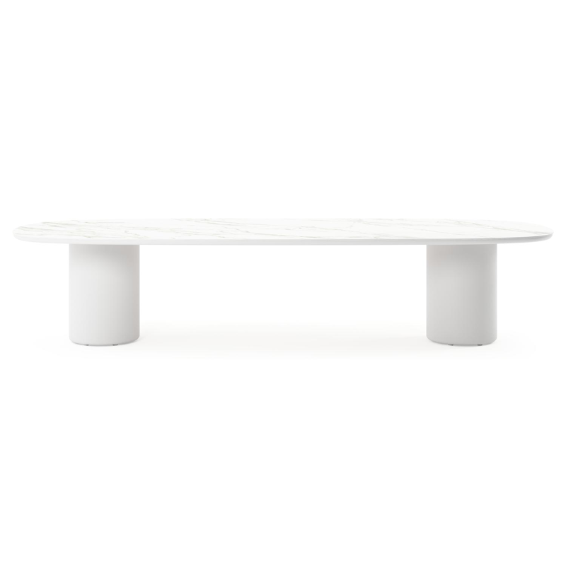 Amico low dining tuintafel bombo in wit aluminium en volkeramiek Calacatta - L 320 x B 130 x H 61 cm