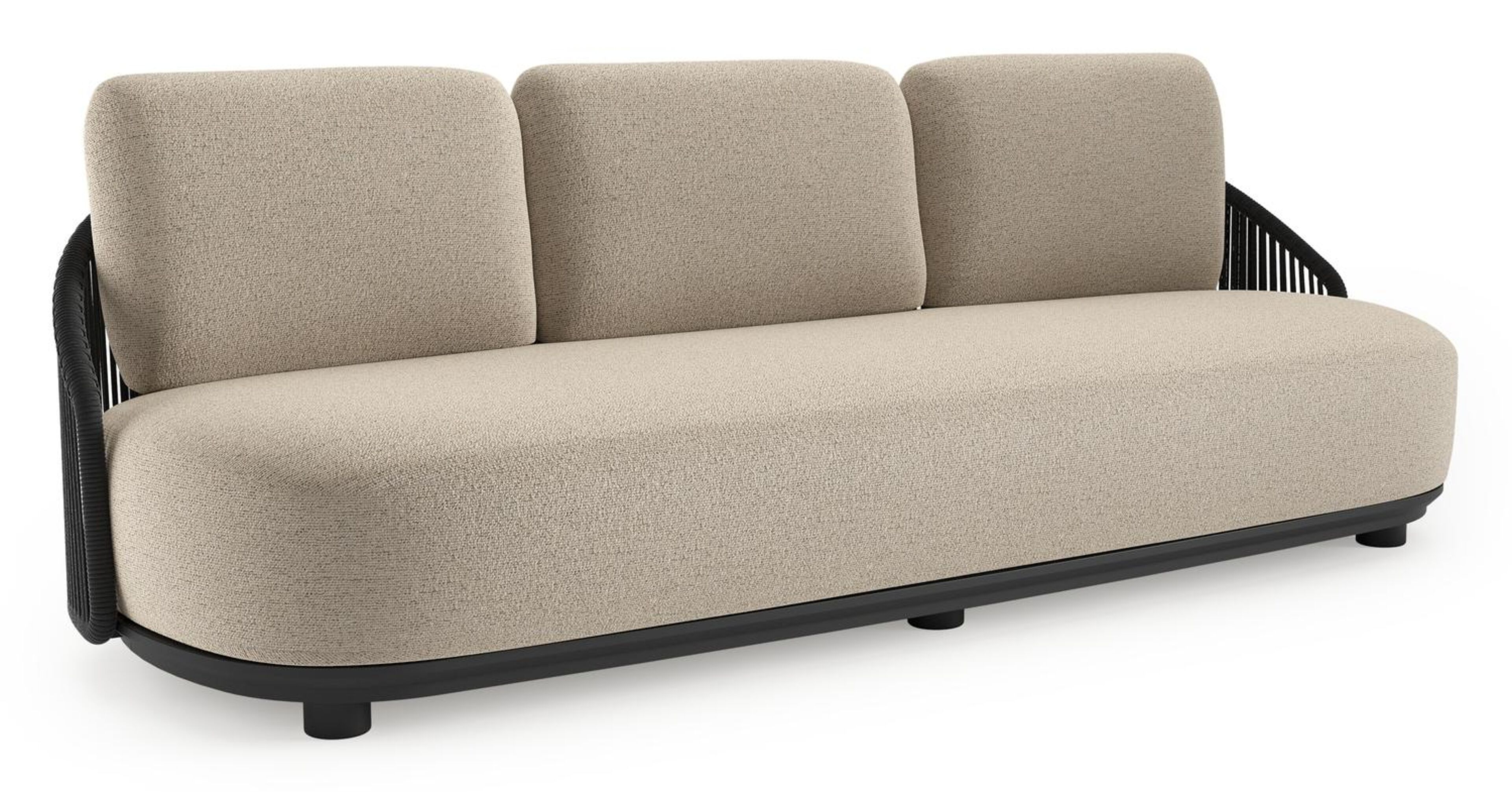 Canapé de jardin Vadelo en aluminium noir et corde ronde tissée verticalement noir et coussins en all weather cosytica marbella beige