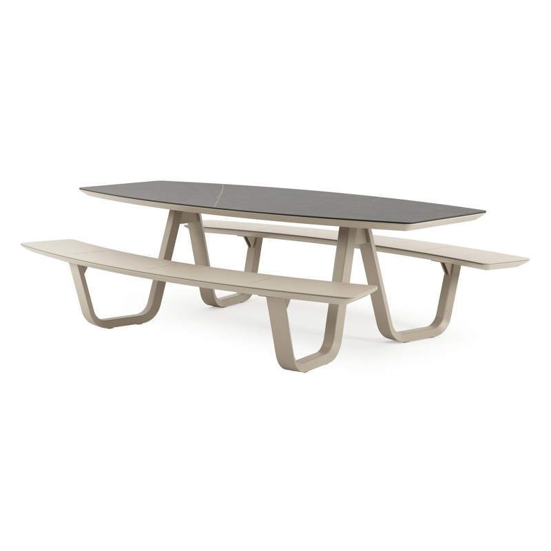 Table de pique-nique Forno forme de bateau forme de bateau en aluminium beige et céramique pleine Calatorao - Lg. 240 x Lrg. 181 x Haut. 72 cm