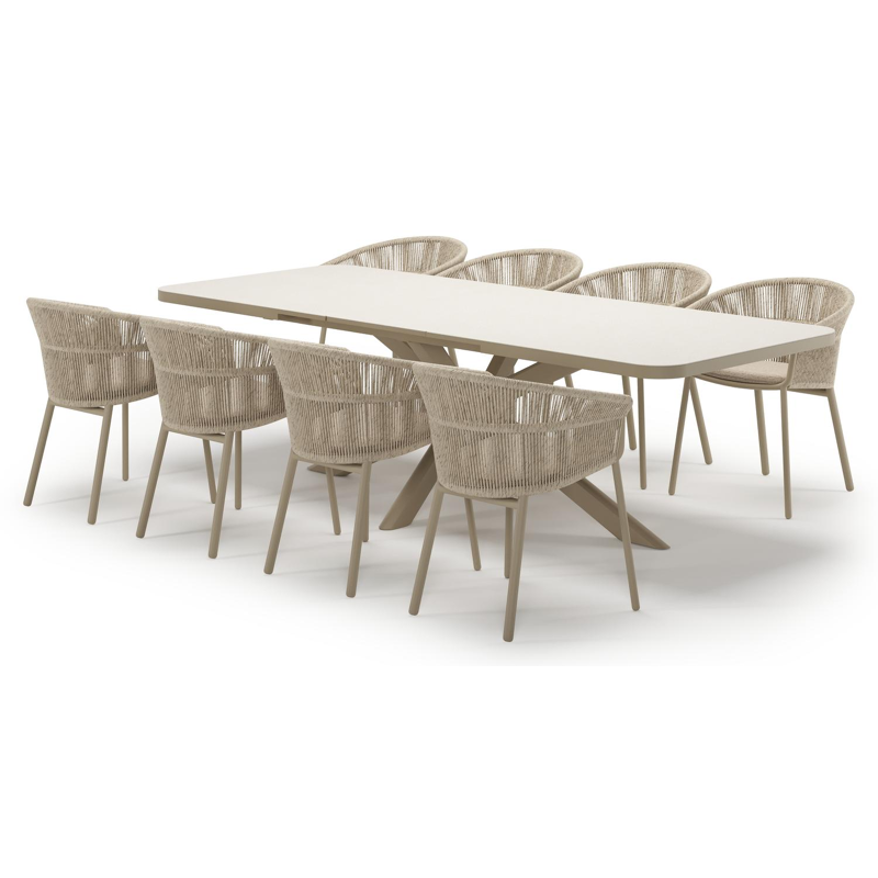 Estella verlengbare tuinset rechthoekig in beige aluminium en sintered stone Crema minerale met 8 Matera tuinstoelen