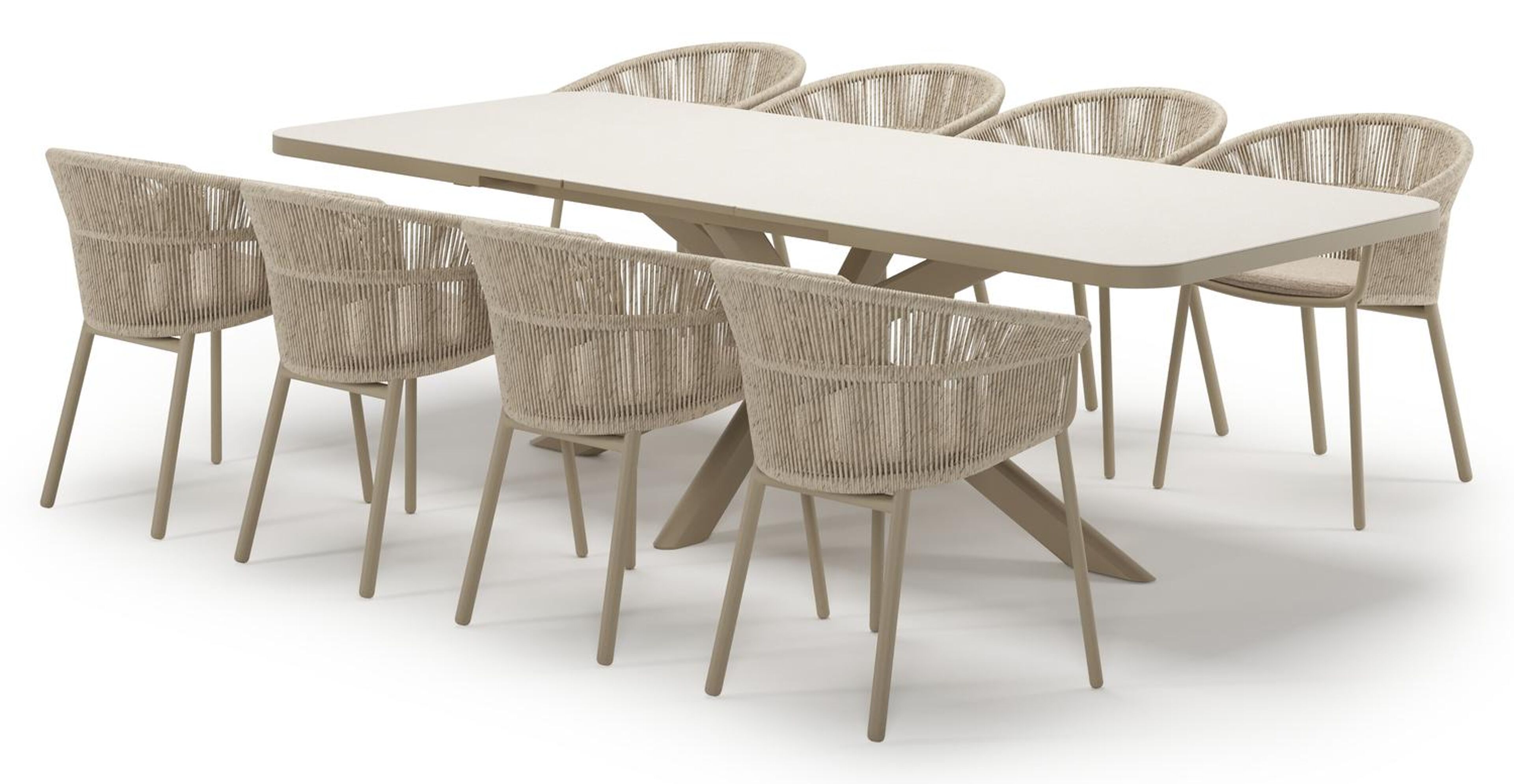 Estella verlengbare tuinset rechthoekig in beige aluminium en sintered stone Crema minerale met 8 Matera tuinstoelen