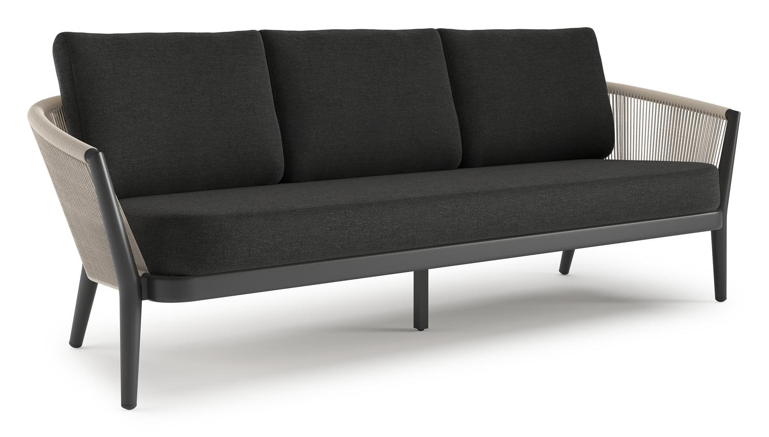 Orso loungebank in zwart aluminium en beige verticaal geweven ronde rope met Chartres Sooty all weather sunbrella® luxe kussen