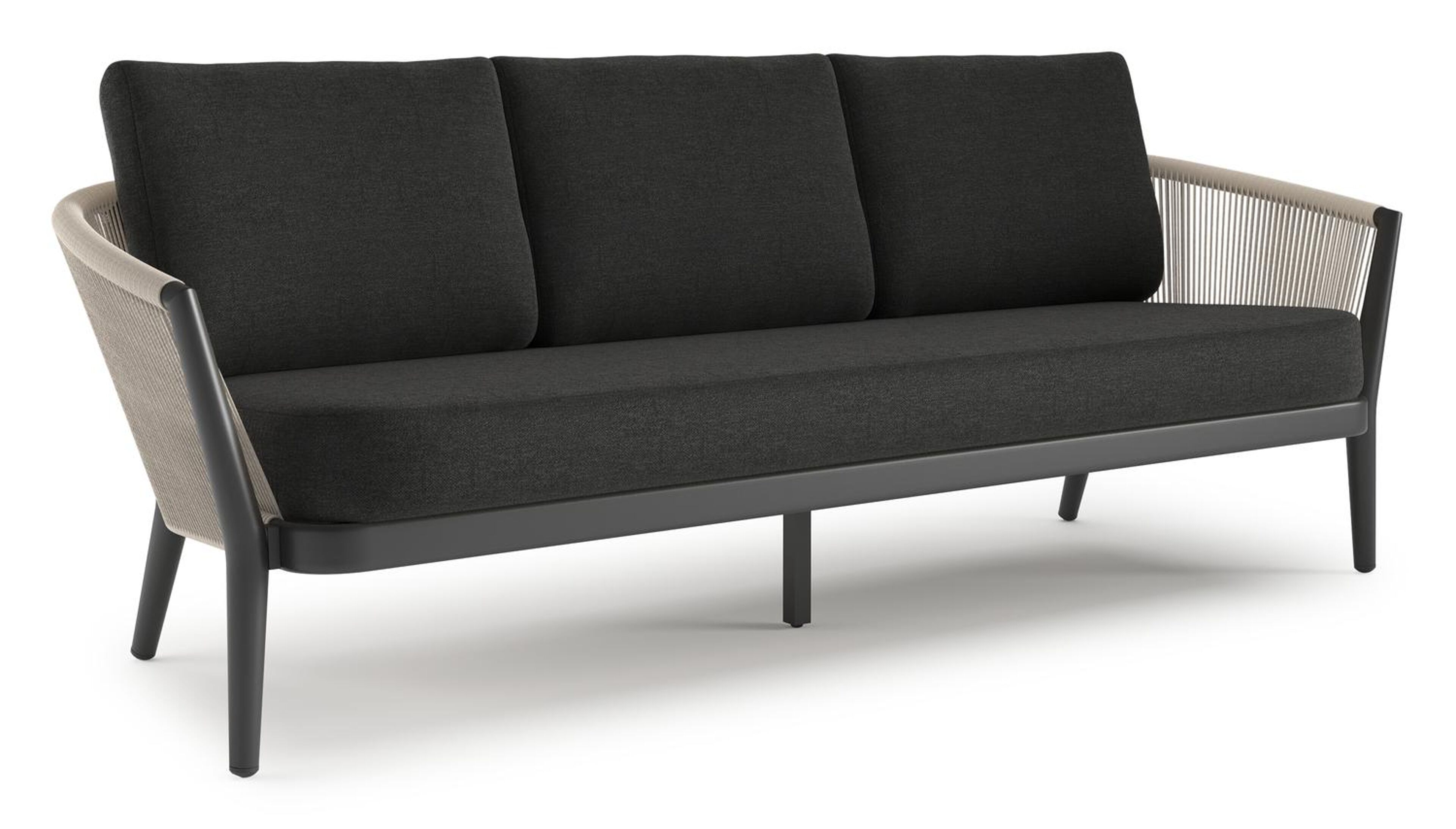 Orso loungebank in zwart aluminium en beige verticaal geweven ronde rope met Chartres Sooty all weather sunbrella® luxe kussen