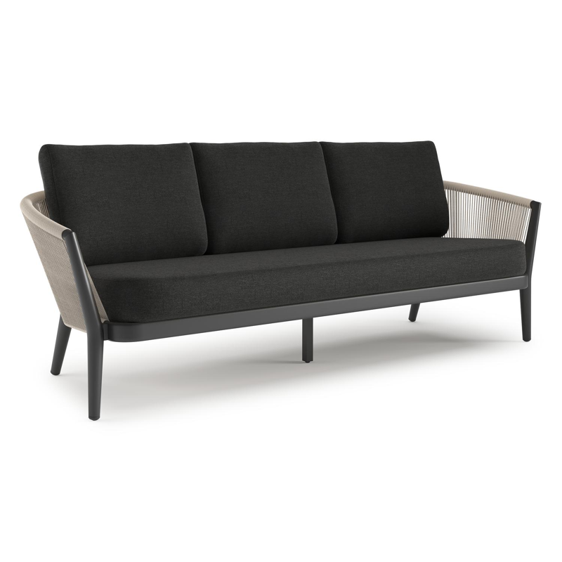 Orso loungebank in zwart aluminium en beige verticaal geweven ronde rope met Chartres Sooty all weather sunbrella® luxe kussen