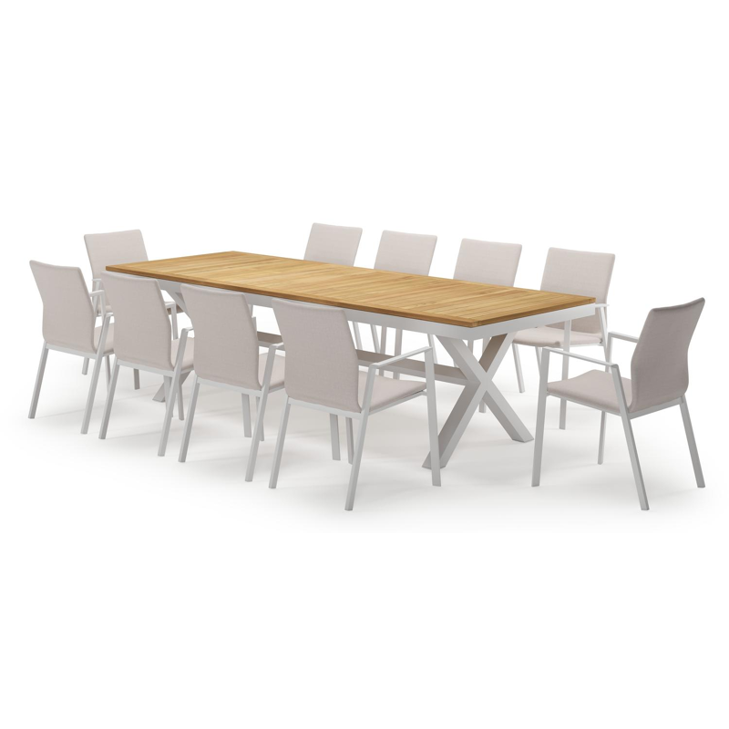 Reza rechthoekige tuinset in wit aluminium en teak natural finish met 10 Madura tuinstoelen