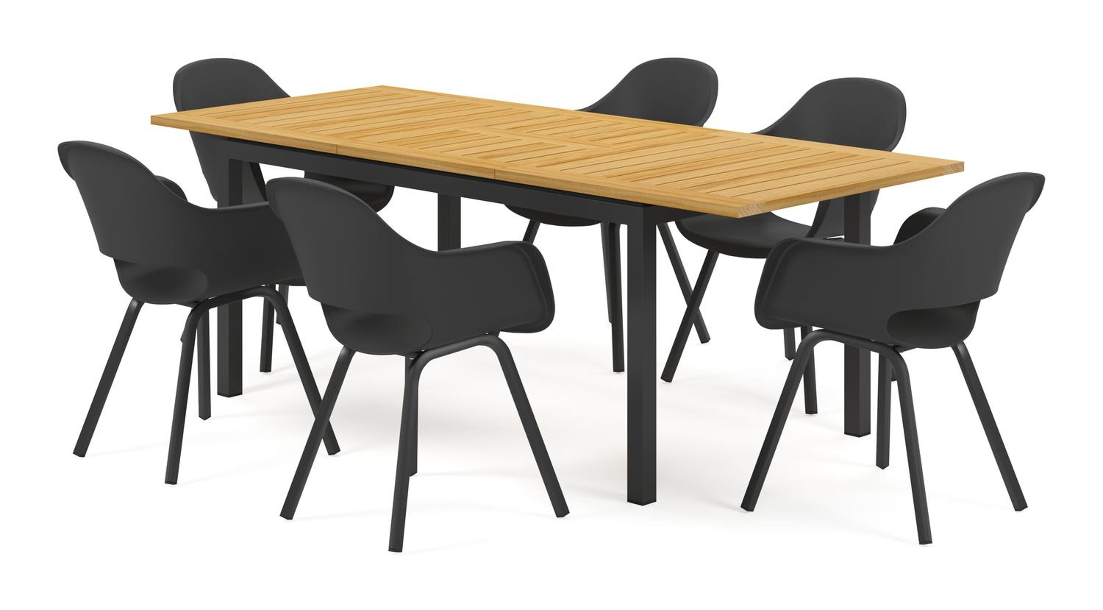Amalfi tuinset met verlengbare tafel in zwart aluminium en teak tafelblad met 6 Artena tuinstoelen