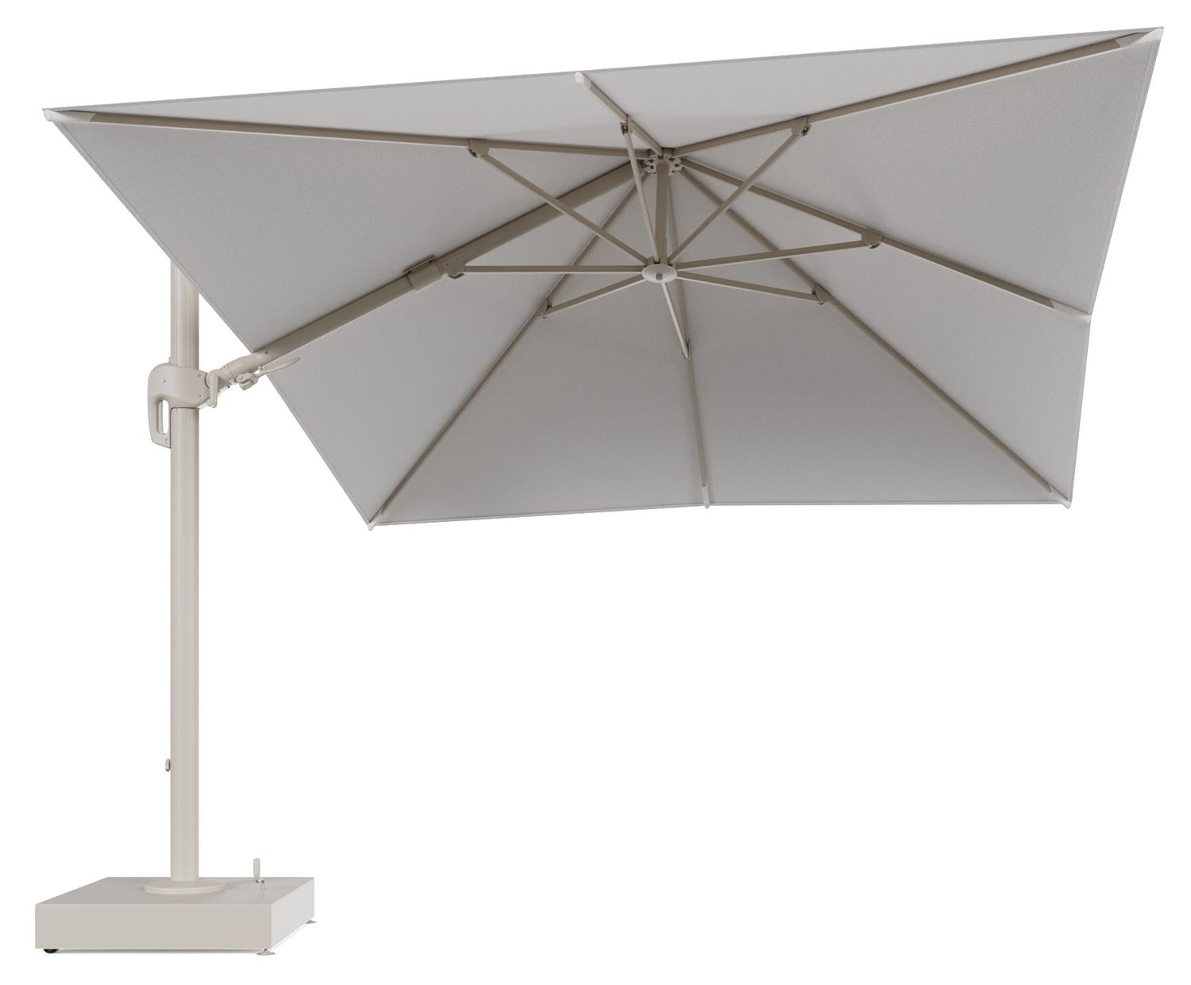 Rufina zweefparasol met tiltfunctie in beige aluminium en Soul Optik All Weather Solica parasoldoek - L1 300 x L2 300 cm met parasolvoet Minore 150 kg met wielen