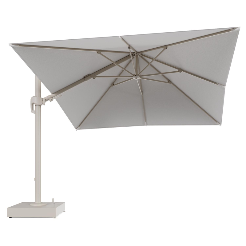 Rufina zweefparasol met tiltfunctie in beige aluminium en Soul Optik All Weather Solica parasoldoek - L1 300 x L2 300 cm met parasolvoet Minore 150 kg met wielen