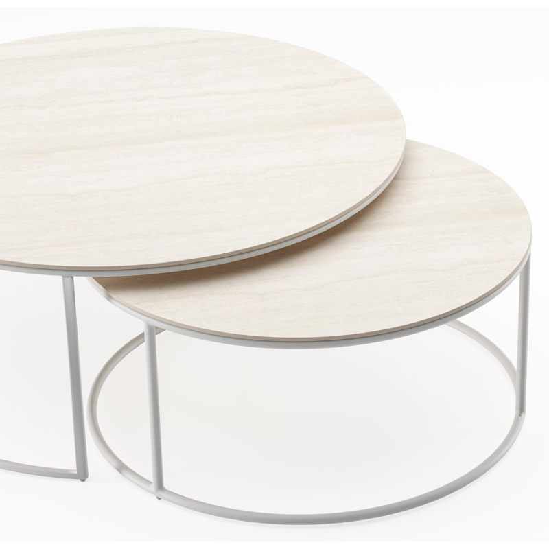 Ensemble de 2 tables d'appoint Fano ronde en blanc aluminium et céramique pleine Travertino Bianco - Diam. 85 x Haut. 35 cm