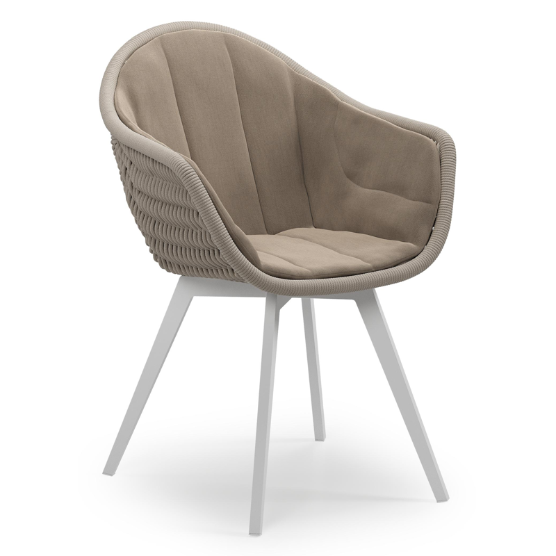 Pagino tuinstoel in wit aluminium en beige verticaal geweven ronde rope met zitkussen in All Weather Sunbrella® Luxe Natte Heather Grey