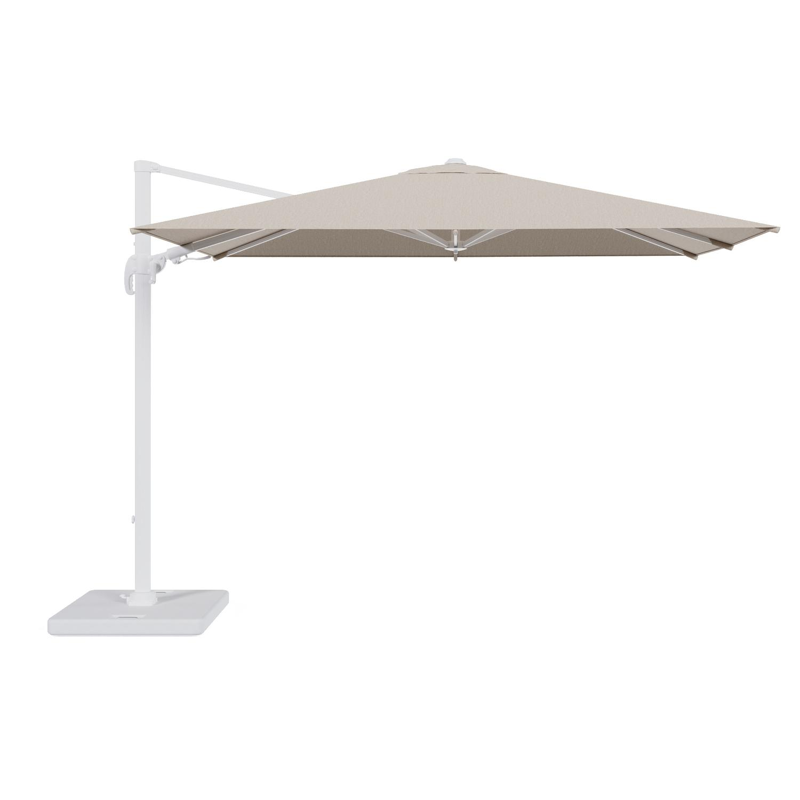 Avola zweefparasol met tiltfunctie in wit aluminium en natural Weather+ Softtouch parasoldoek - L1 200 x L2 300 cm met parasolvoet Pedito 120 kg