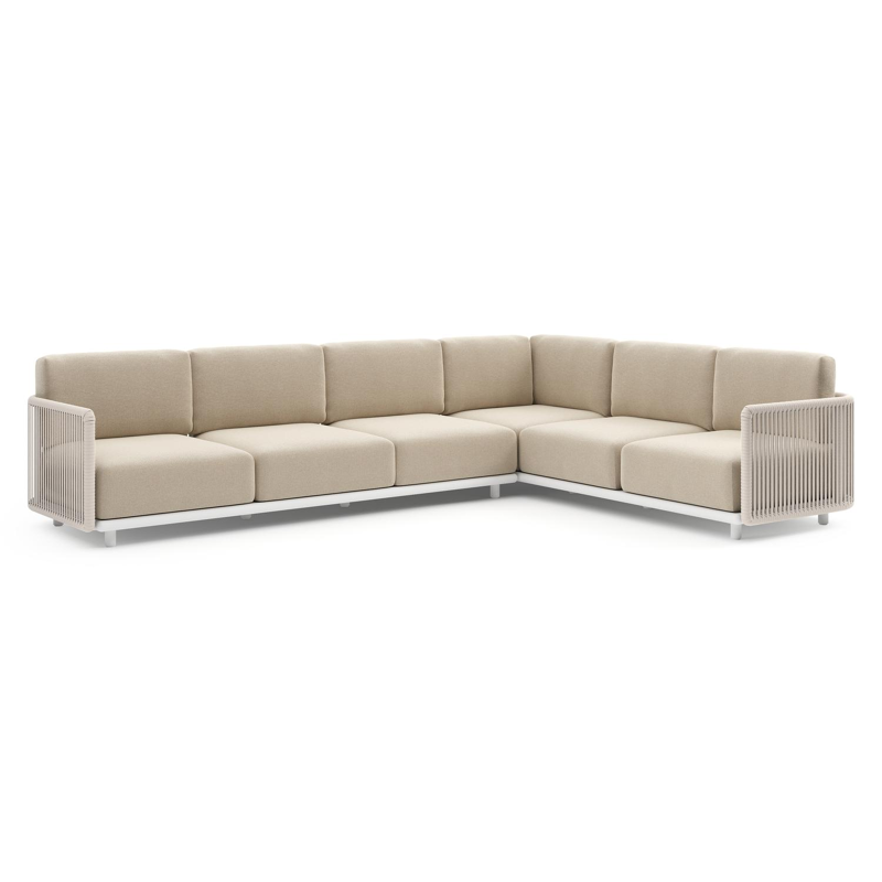 Organo loungehoek in wit aluminium en beige verticaal geweven luxe vlakke rope met althea chalk all weather Cosytica kussen