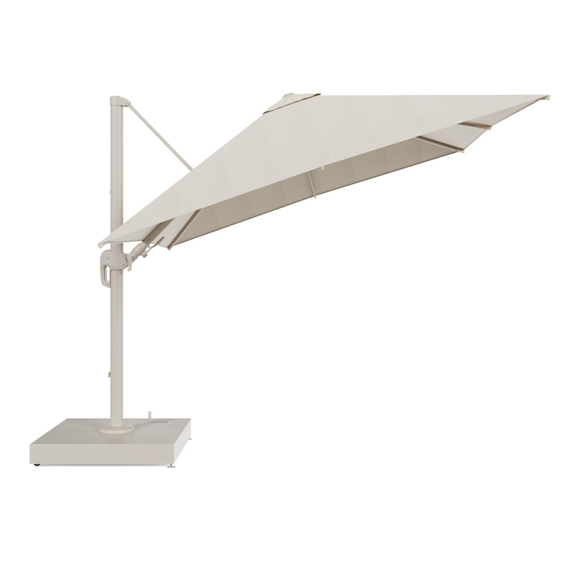 Rufina zweefparasol met tiltfunctie in beige aluminium en beige All Weather Sunbrella® Premium parasoldoek - L1 300 x L2 300 cm met parasolvoet Minore 260 kg met wielen