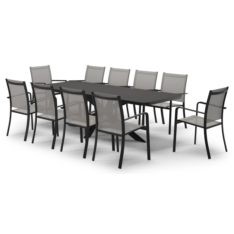 Ensemble de jardin Estella extensible rectangulaire en aluminium noir et sintered stone Notte minerale avec 10 chaises de jardin Calobra