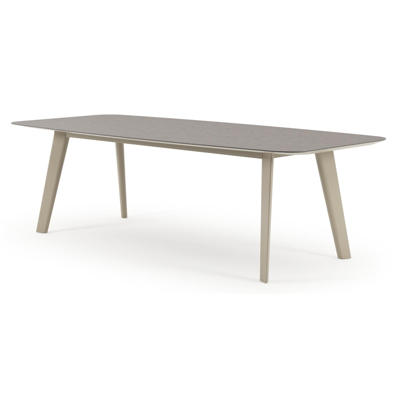 Table de jardin Lacrima forme de bateau en aluminium beige et céramique pleine Wulong - Lg. 255 x Lrg. 115 x Haut. 74 cm