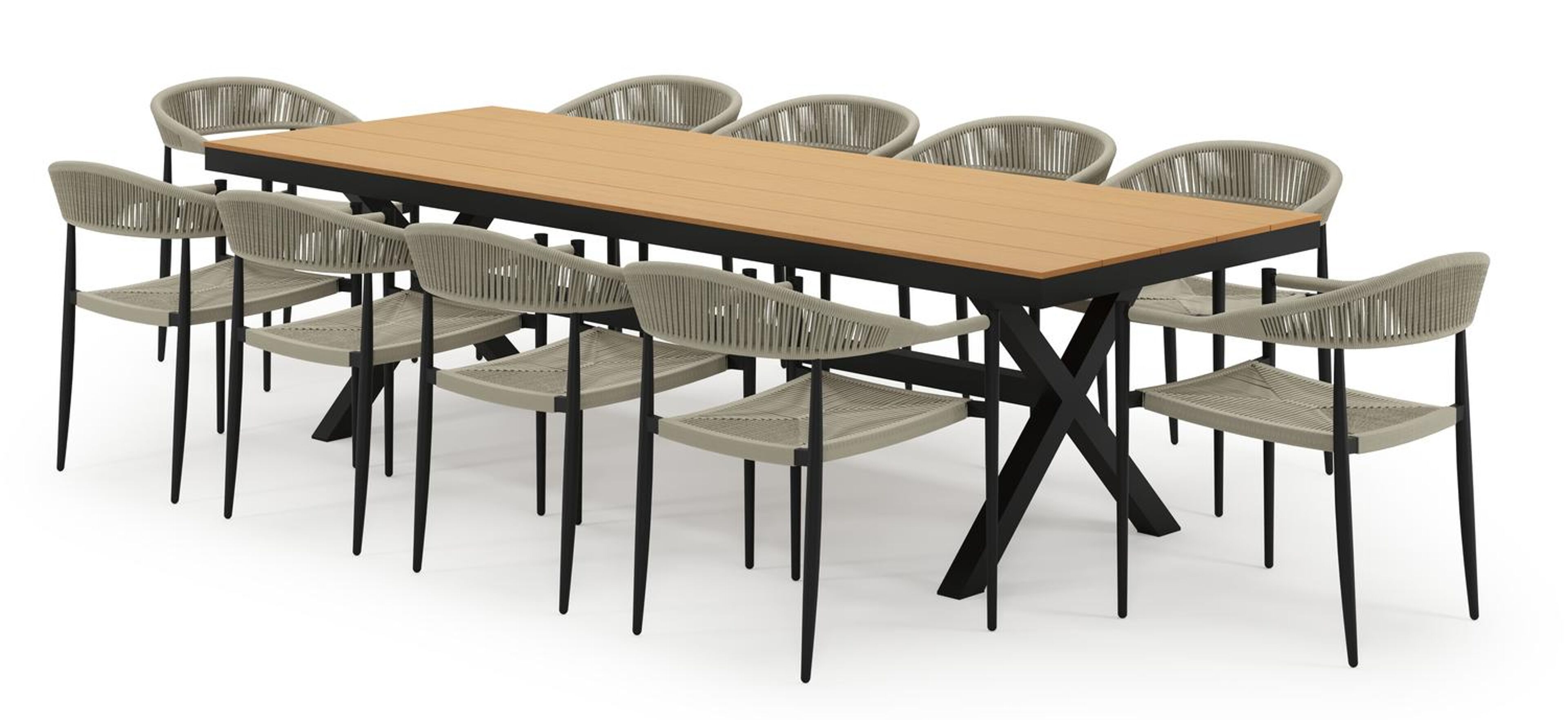 Bahia tuinset in zwart aluminium en polywood met 10 Guarda tuinstoelen