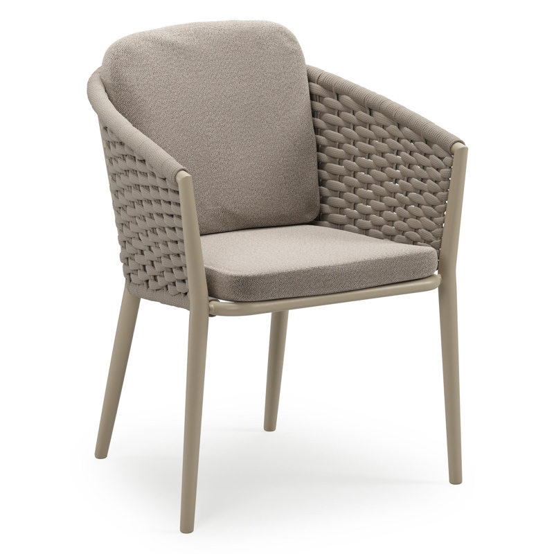 Orso stapelbare tuinstoel in beige aluminium en beige horizontaal geweven ronde rope met stoelkussen in All Weather Sunbrella® Luxe Savane Coconut