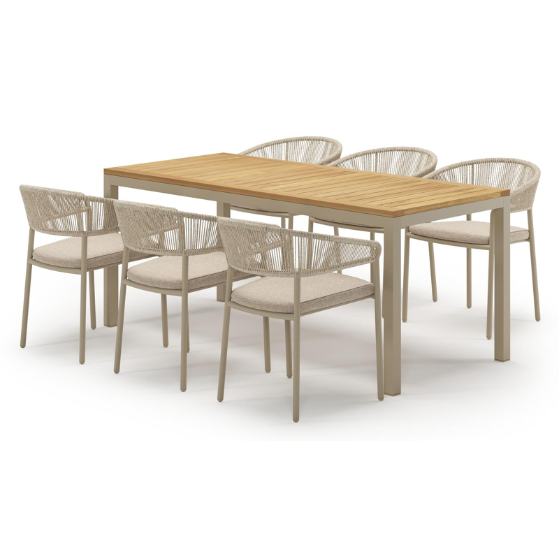 Ensemble de jardin Feltro en aluminium beige et teck avec 6 chaises de jardin empilable Zamora