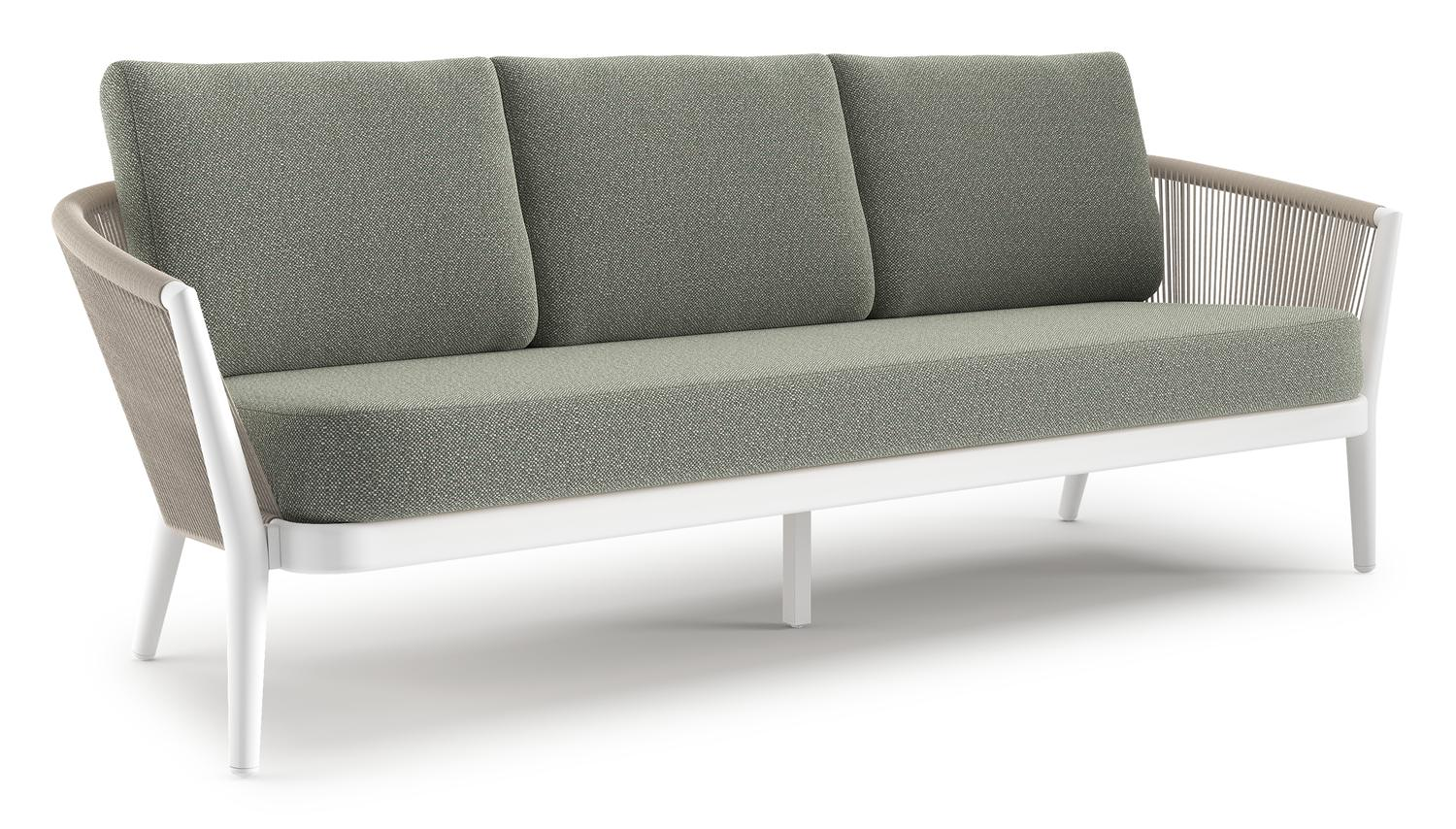 Canapé de jardin Orso en aluminium blanc en corde ronde tissée verticalement beige et coussins en all weather sunbrella® luxe Savane Leaf